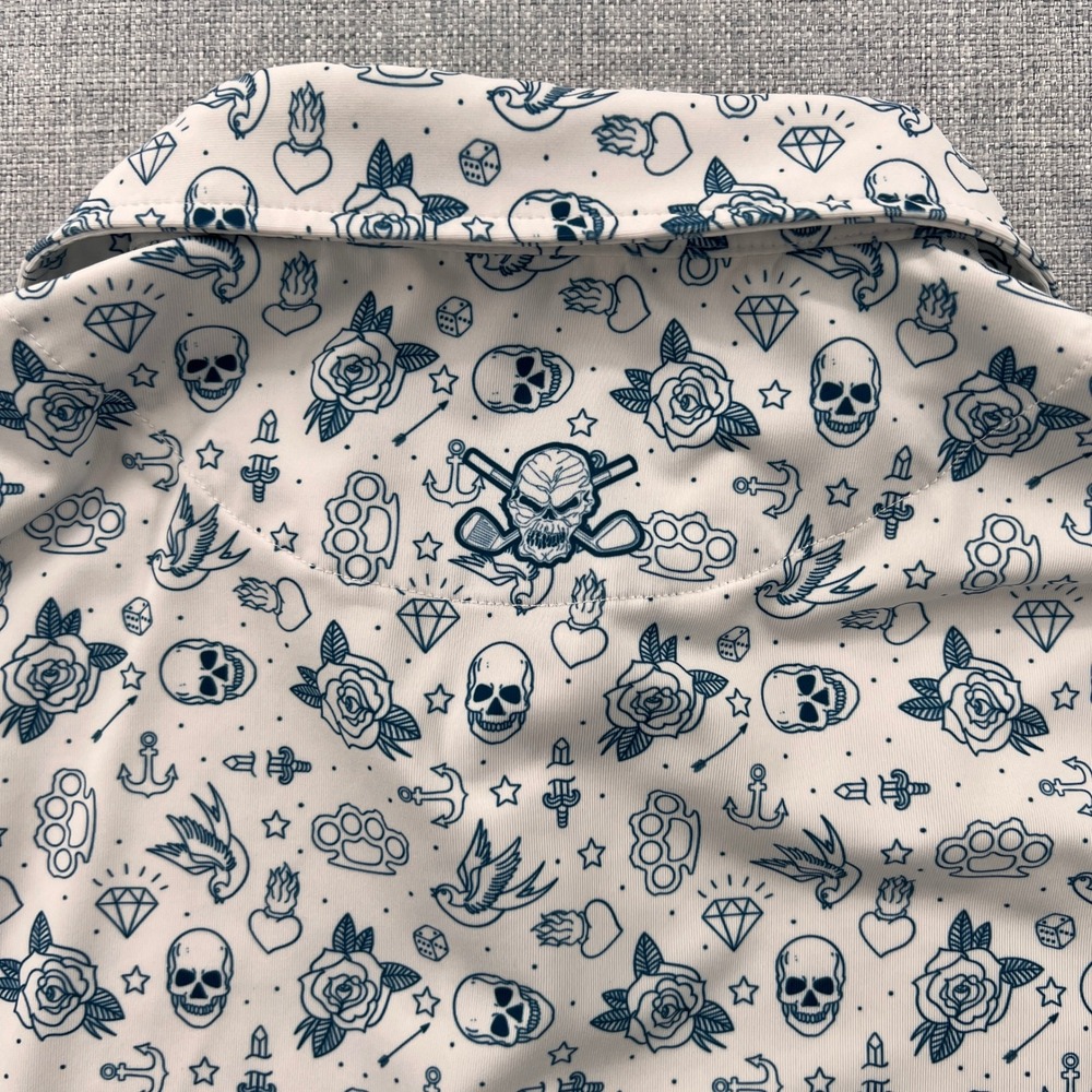 Tattoo Golf Flash Series Polo Shirt Skull Print Men XL White Golfcore Stretch - Picture 10 of 12